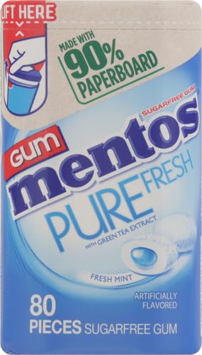 Mentos Pure Fresh Sugar-Free Chewing Gum with Xylitol, Fresh Mint, 80 Pieces, Recyclable Paperboard Bottle, 1 Count