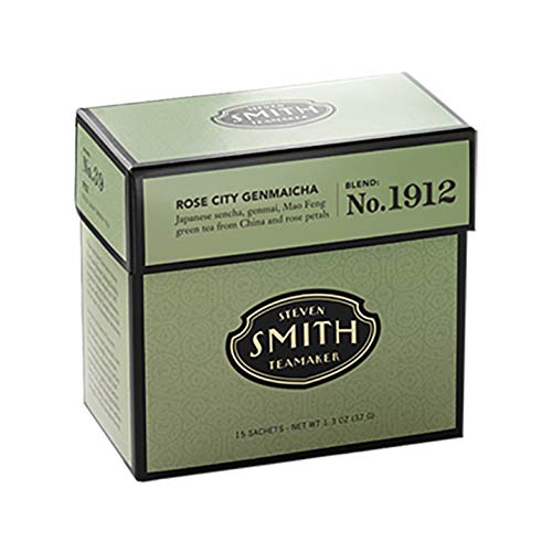 Smith Teamaker | Rose City Genmaicha No. 1912 - Sencha, Genmai, Mao Feng Green Tea & Rose Petals | Caffeinated Roasted Rice Full Leaf Green Tea Blend (15 Sachets, 1.26Oz Each)