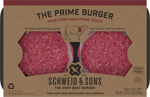 Schweid and Sons, The Prime Burger, Beef Chuck Burgers, 75% Lean/25% Fat, USDA Prime, 1.325 lb, Pack of 4