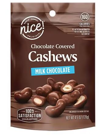 Nice! Milk Chocolate Covered Cashews, Crunchy Salted, 4.5oz Bag, Holiday Gift Snack