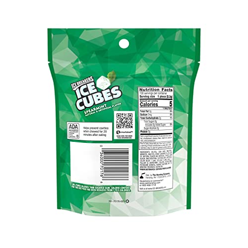 ICE BREAKERS Ice Cubes Spearmint Sugar Free Chewing Gum Pouch, 8.11 oz (100 Pieces) (Pack of 2)