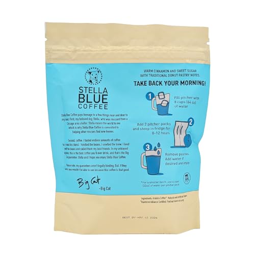 Stella Blue Cold Brew Coffee Bags  Cinnamon Sugar Donut  Medium Roast Ground Coffee  Smooth  Bold and Refreshing 100% Arabica  6 Brew Packets  Makes 24 Cups  Rainforest Alliance Certified