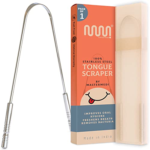 Mastermedi Tongue Scraper 1 Pack, Bad Breath Treatment For Adults & Kids, Medical Grade 100% Stainless Steel Tongue Scrapers For