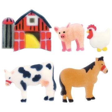 Farm - Barn, Horse, Cow, Pig And Chicken Edible Sugar Cake Toppers, 12 Count (6 Chickens And Mix Of A Cow, Horse, Pig And Barn)