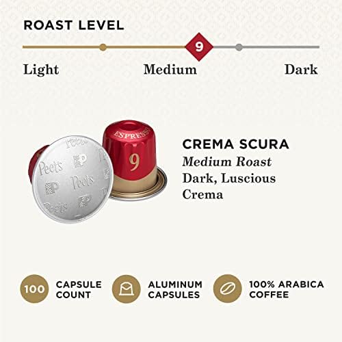 Peets Coffee Medium Roast Espresso Pods, Crema Scura, 100 Count (10 Boxes of 10 compact pieces), Red, Model 513527