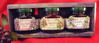 Jam & Jelly 3 different 5oz Jar Handcrafted Gift Crate, this Set is from Huckleberry Haven and features Chokecherry Jelly, Huckl