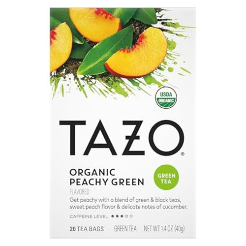 TAZO Organic Peachy Green Tea Bags, Green & Black Tea Blend with Sweet Peach Flavor, Caffeinated Tea, 120 Total Bags (20ct - Pac