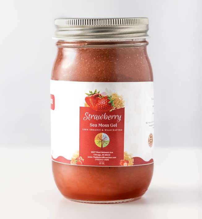 The Natural Branches Organic Strawberry Sea Moss Gel with Elderberry - 16 oz - USDA Organic - Wildcrafted from Saint Lucia