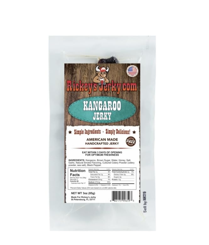 Rickey's Exotic Kangaroo Jerky, 100% Made From Solid Strips of Kangaroo, Exotic Wild Game Jerky, All Natural Meat, High Protein 