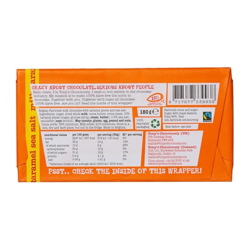 Tonys Chocolonely Fairtrade Caramel And Sea Salt Milk Chocolate Bar 180G