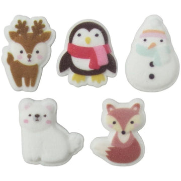 Winter Animal Friends - Penguin, Fox, Snowman, Reindeer, and Polar Bear Edible Sugar Cake Toppers, 12 Count