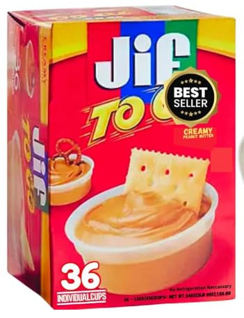Jif To Go Creamy Peanut Butter 36 Cups - Single Serve Packets - Travel Size Snack - Jif Peanut Chocolate Cups, Bulk Creamy Organ