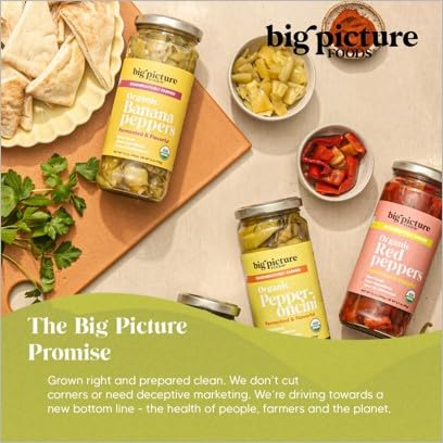 Big Picture Organic Pepperoncini/Whole in Jar - Zesty Macedonian Green Peppers for Antipasti Excellence! Whole  Regeneratively Farmed  and Bursting with Nutrients - Net Wt. 12oz (340g)
