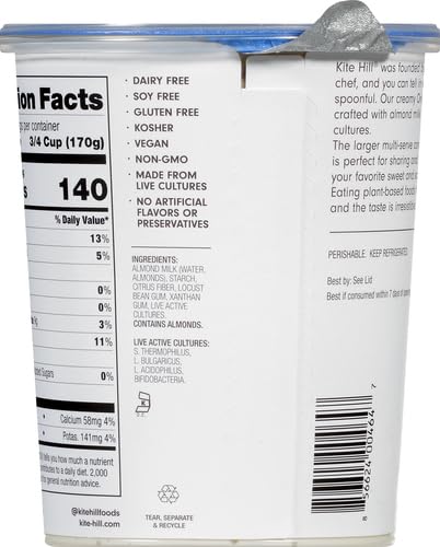 Kite Hill Plain Unsweetened Almond Milk Yogurt, 32 Ounces, Dairy Free, Live and Active Cultures, Gluten Free, Non-GMO, Vegan