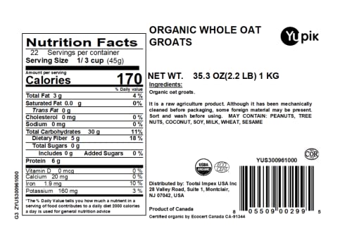 Yupik Organic Whole Oat Groats,2.2 lb (35.2 oz), Non-GMO, Vegan, Kosher, Raw, Whole Grain Oats, Salt-Free, Nutty Flavor, Good So