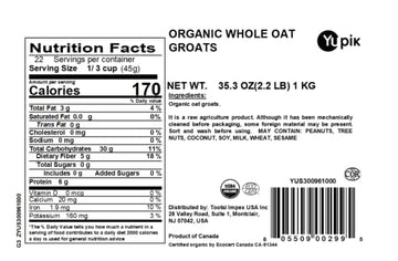 Yupik Organic Whole Oat Groats,2.2 lb (35.2 oz), Non-GMO, Vegan, Kosher, Raw, Whole Grain Oats, Salt-Free, Nutty Flavor, Good So
