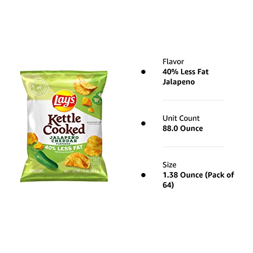 Lay'S Kettle Cooked Potato Chips, 40% Less Fat Jalapeo Cheddar, 1.375 Ounce (Pack Of 64)