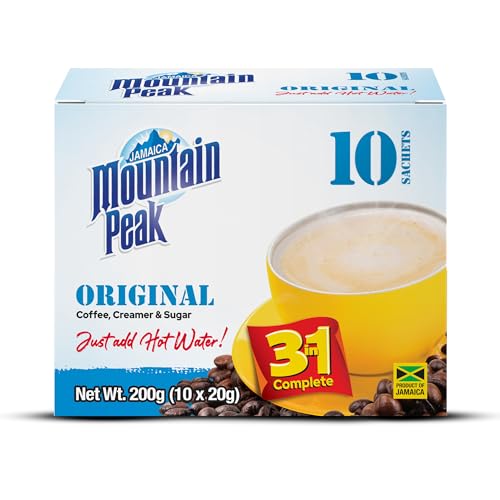 Jamaica Mountain Peak Original 3 in 1 Instant Coffee Mix  Coffee Creamer and Cane Sugar (10 Sachets x 20g)  Classic Smooth Flavor  Rich and Creamy  Just Add Water