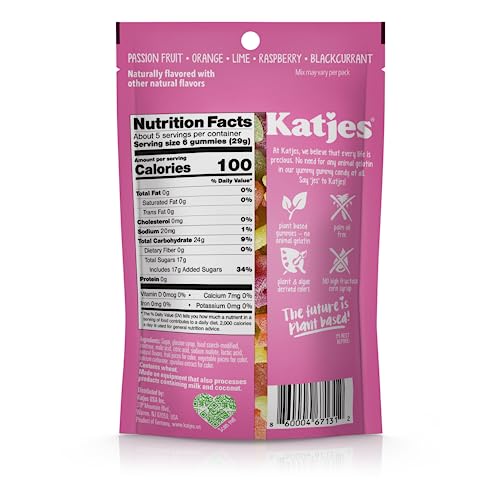 Katjes Plant Based Sour Gummy Candy - Passion Fruit, Orange, Lime, Raspberry & Black Currant Flavored Sour Gummies - Palm Oil Fr