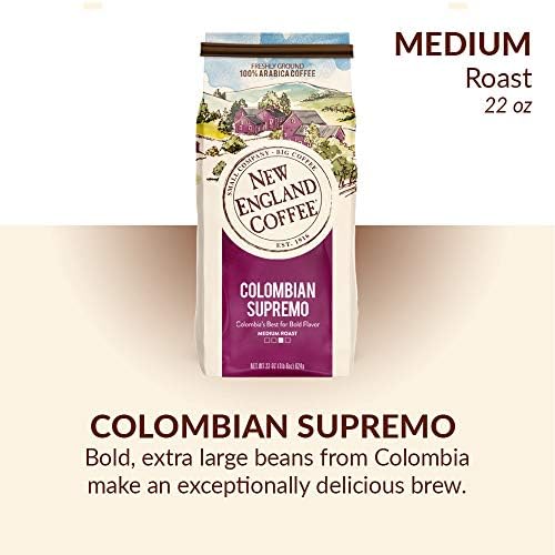 New England Coffee Colombian Supremo Medium Roast Ground Coffee, 22oz Bag (Pack of 1)
