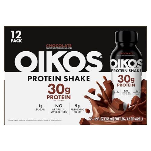 Oikos Protein Shake  Chocolate  30g High Protein Drinks  Shelf Stable  Ready to Drink  5g Prebiotic Fiber  12 fl oz Bottle  12 Count