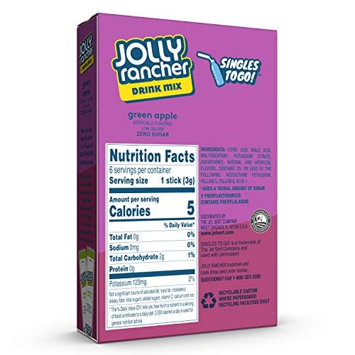SINGLES TO GO! Jolly Rancher Green Apple Drink Mix, 36 Servings, 6 Boxes (6 Packets Each), 0.71 Ounce per Pack