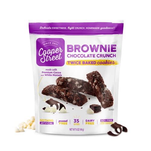 Cooper Street Cookies All Natural Twice Baked Crispy Cookie, Peanut & Dairy Free, Biscotti Style 5oz, Brownie Chocolate Crunch (