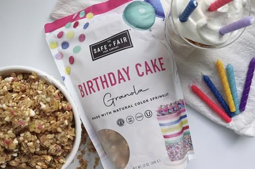 Safe + Fair Birthday Cake Granola - Gluten-Free, Vegan & Plant-Based Snack with Natural Sprinkles - 0g Trans Fat, Non-GMO, Koshe