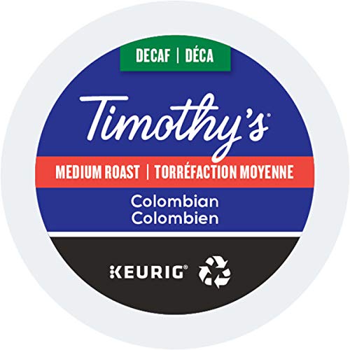 Timothys Colombian Decaf Medium Roast Coffee K-Cup Pods, 96 Count (4 Boxes of 24 Pods)