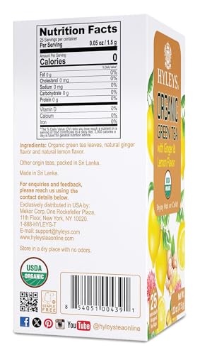 Hyleys Organic Green Tea Ginger and Lemon Flavor - 25 Tea Bags - (6 Pack - 150 Tea Bags Total)