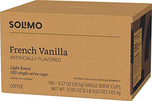 Solimo Light Roast Coffee Pods, French Vanilla Flavor, Compatible with Keurig 2.0, 100 Count