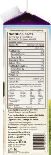 Organic Valley, Organic Lactose Free Half & Half Cream, Quart, 32 oz