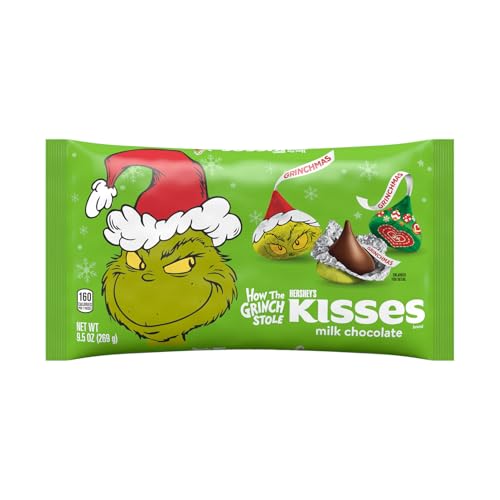 HERSHEYS KISSES Grinch Milk Chocolate, Christmas Candy Bag, 9.5 oz