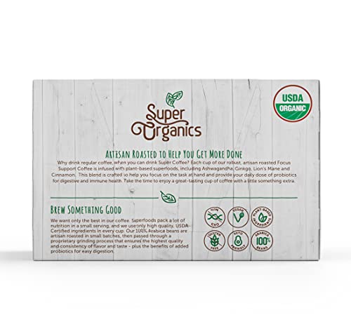 Super Organics Focus Support Coffee Brew Cups, Medium Roast, 60ct, Keurig K-Cup Compatible, USDA Certified, Vegan, Non-GMO