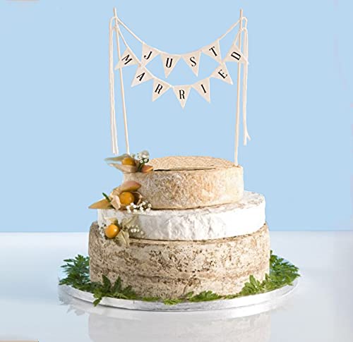 SCHOLMART Just Married Cake Topper, Rustic Cotton Bunting Flags, Preassembled, Silver