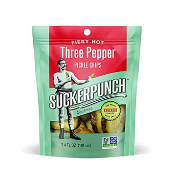 Suckerpunch | Fiery Heat 3-Pepper Chip-Cut | Pickle Pouch Snack Pack | 3.4Oz Single-Serve (12 Units)