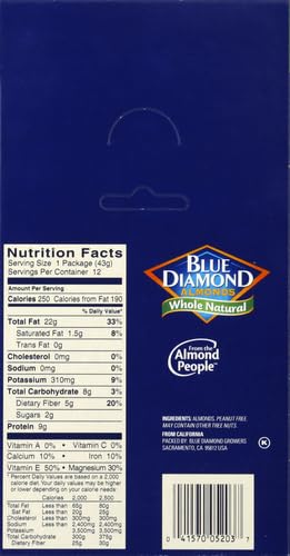 Blue Diamond Almonds Whole Natural 12 Count Pack of 1
