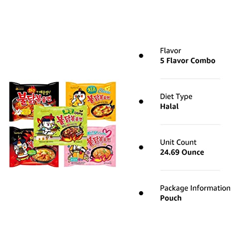Samyang Buldak Chicken Stir Fried Ramen Korean Ramen (5 Flavor Combo, 5 Pack)
