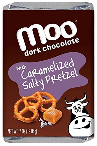 Moo Chocolates All Natural Dark Chocolate Mini Bars With Caramelized Salty Pretzel 0.7 Oz, 14 Ct (Pack Of 1) | 100 Calorie Snack