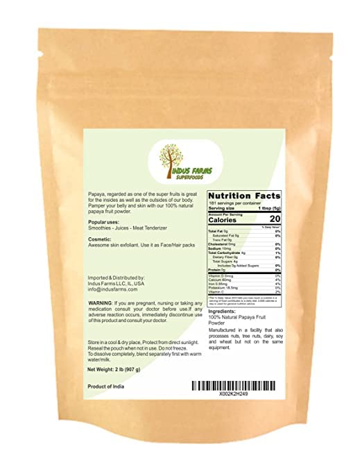 Indus Farms All Natural Papaya Whole Fruit Powder, GMO-Free, 2 LB, Light Orange