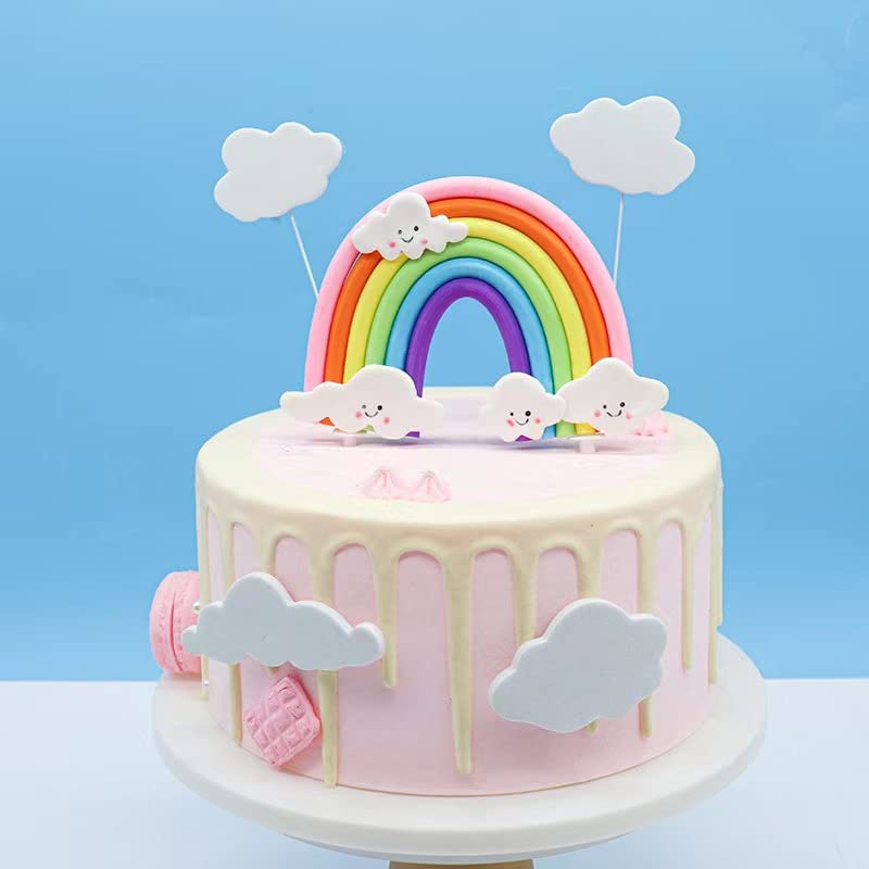 Rainbow Cloud Cake Topper, Colorful Rainbow Soft Pottery Cake Cupcake Topper Happy Birthday Decorations Cake Toppers Party Props