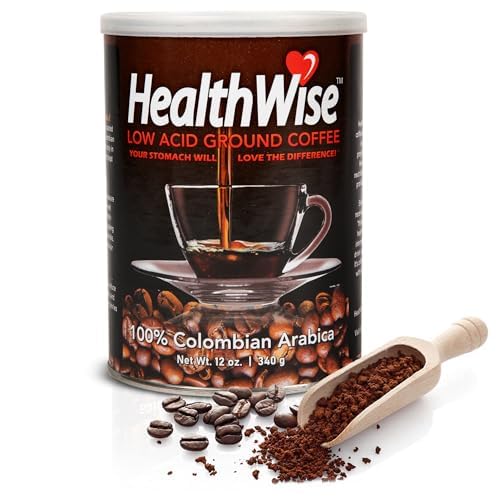 Healthwise Low Acid Coffee Ground Coffee, 100% Colombian - Medium Roast, Healthier Coffee For Sensitive Stomachs, 12-Ounce Cans (Pack Of 12)
