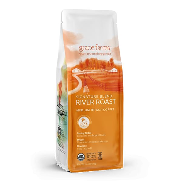 Grace Farms, Organic Whole Bean Coffee, River Roast Blend (Colombia, Ethiopia, Indonesia) Medium Roast, 12Oz Bag, 1 Count | Note