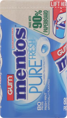 Mentos Pure Fresh Sugar-Free Chewing Gum with Xylitol, Fresh Mint, in a recyclable 90% Paperboard Bottle, 80 Piece (Pack of 4)