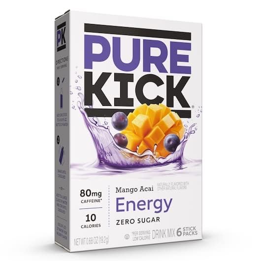 PURE KICK Energy Drink Mix Mango Acai - 18 Servings - 3 Boxes with 6 Packets Each - 0.63 Ounce (Pack of 3)