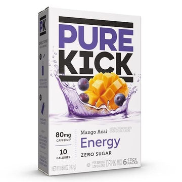 PURE KICK Energy Drink Mix Mango Acai - 18 Servings - 3 Boxes with 6 Packets Each - 0.63 Ounce (Pack of 3)