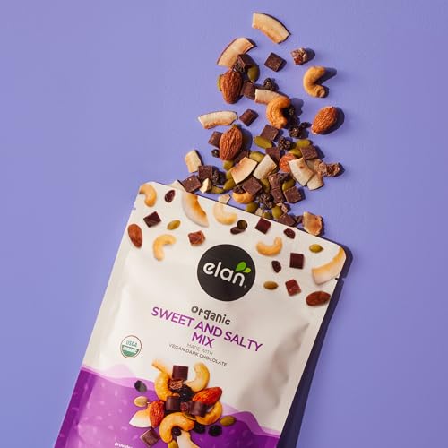 Elan Organic Sweet & Salty Mix, Non-GMO, Gluten-Free, Vegan, Kosher, Vegan Dark Chocolate, Dried Fruits (Raisins, Dates), Nuts (