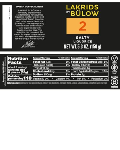 LAKRIDS BY BLOW - 2 - Black Licorice - Salty - 5.3 oz - Vegan Salmiak Licorice from Scandinavia - Gluten Free & Gelatine Free - Swedish Candy Alternative
