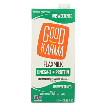 Good Karma Non Dairy Unsweetened Flaxmilk (32 oz Carton) Vegan Protein Packed & Lactose Free Plant Based Milk Alternative