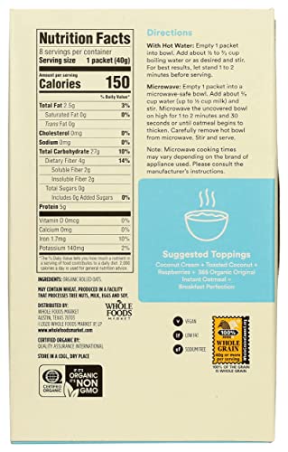 365 by Whole Foods Market Organic Instant Oatmeal Original, 8 Pack (11.3 Ounce) - Healthy Breakfast Option, Quick & Easy Meal